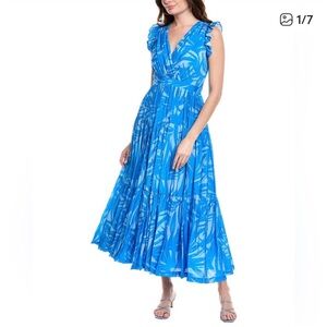 Taylor Ocean Blue Leaf Print Maxi Tiered size 10 Dress
